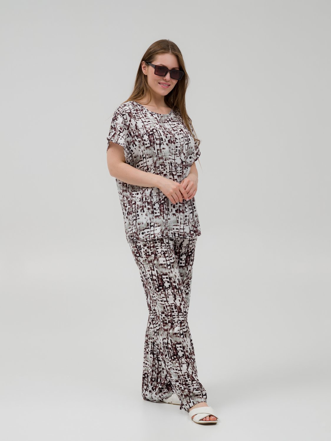 Штапельные, свободные, прямые брюки коричневые